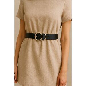 Halogen Black Genuine Leather Belt for Women Size S Double Ring Gold Buckle